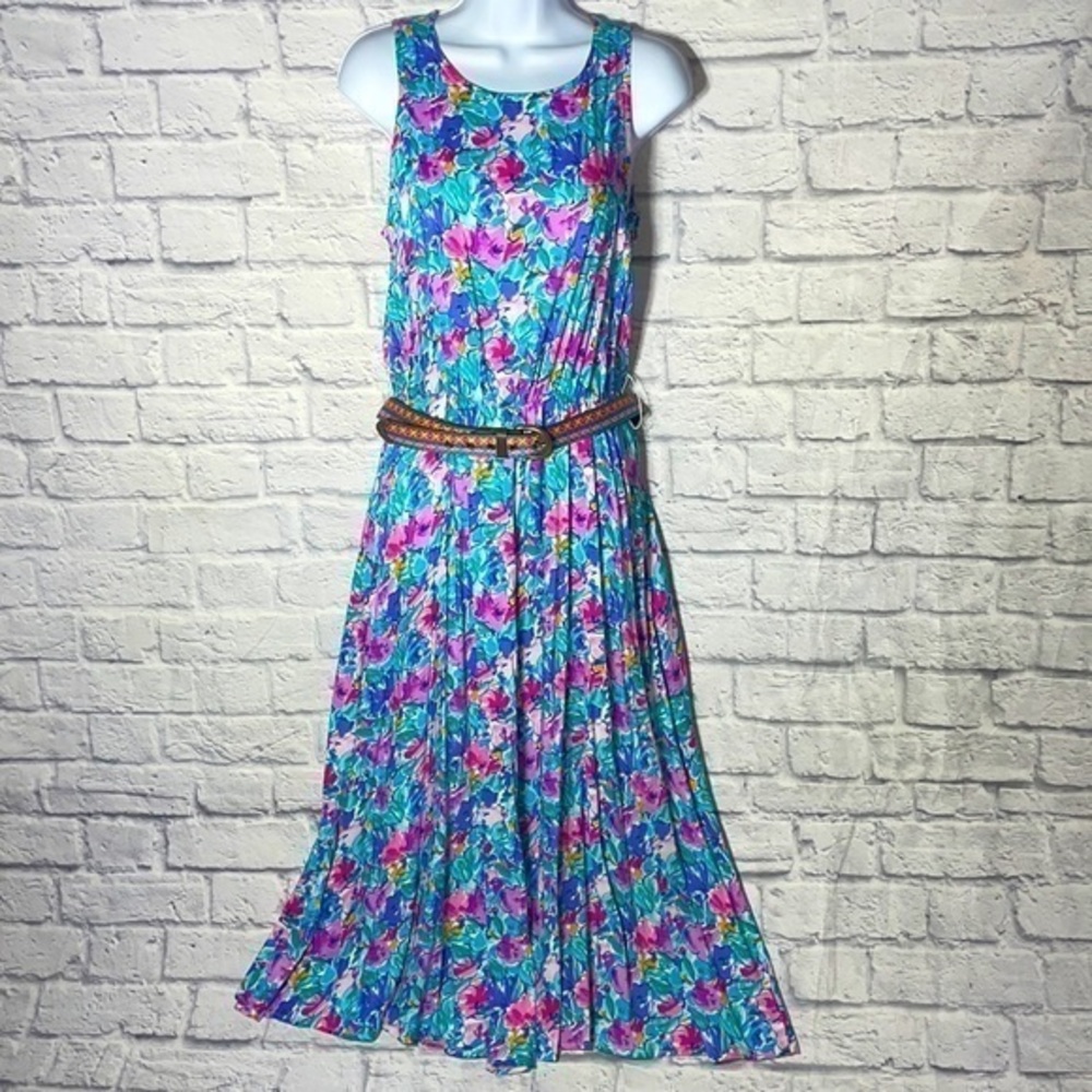 Vintage My Michelle Spring Floral Watercolor Pastel Dress Boho Embroidered Belt
